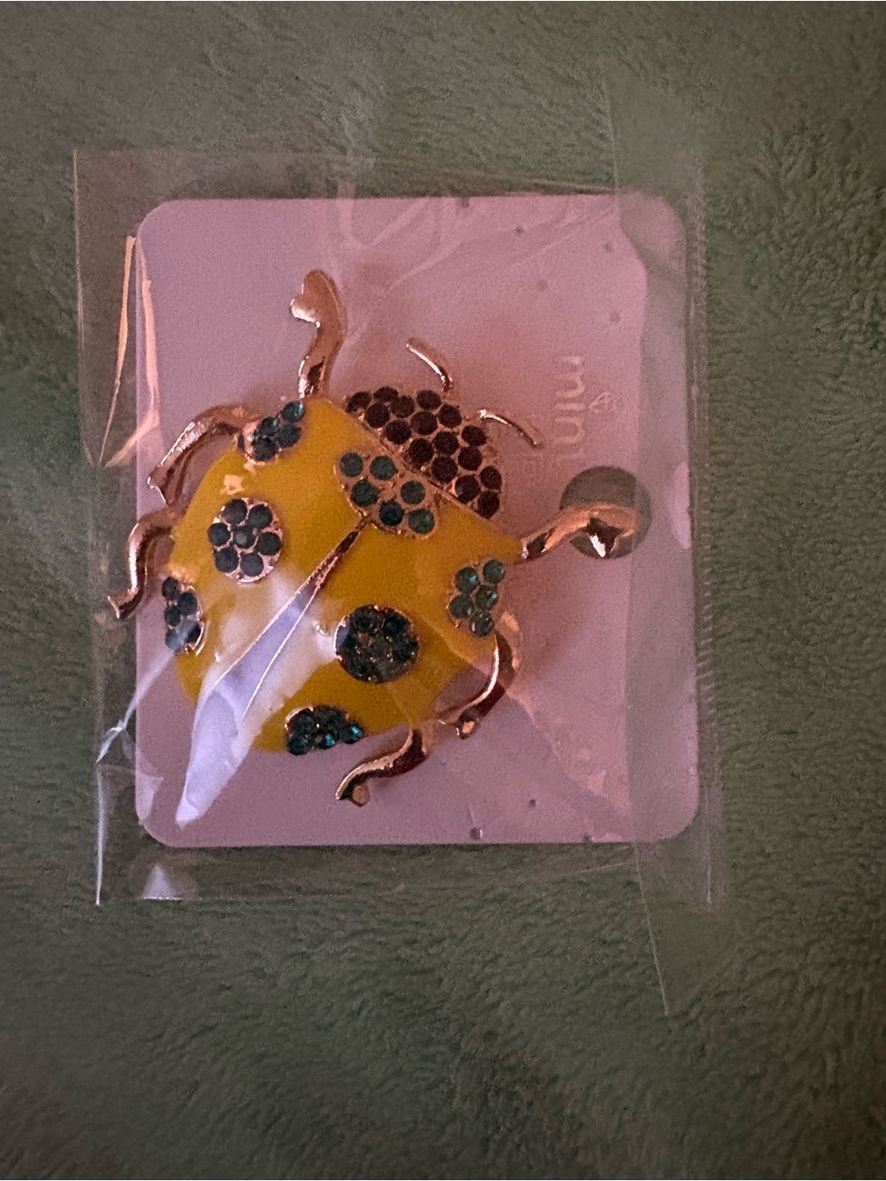 Yellow Ladybug Brooch with Teal Rhinestones